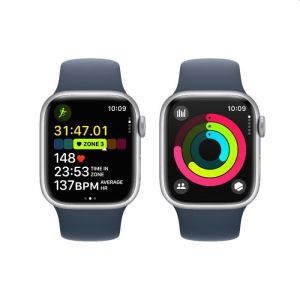 Apple Watch Series 9 GPS+4G/LTE 41mm - Silver Aluminium Case with Storm Blue Sport Band - S/M