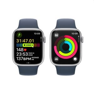 Apple Watch Series 9 GPS+4G/LTE 45mm - Silver Aluminium Case with Storm Blue Sport Band - S/M